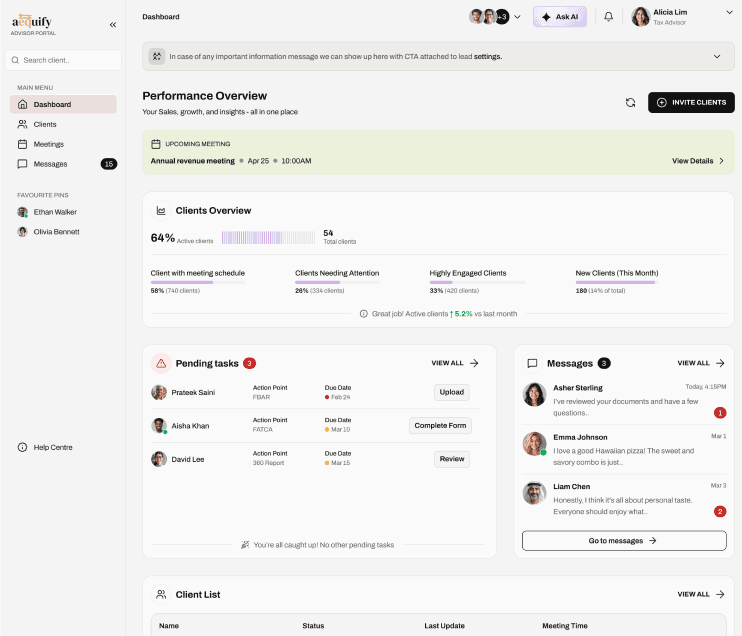 Aequify advisor portal dashboard showing a client data request being created